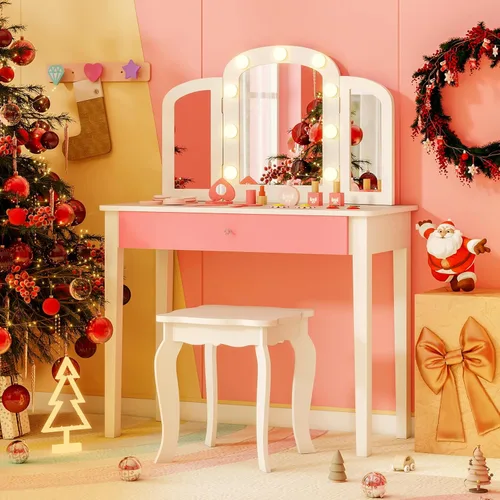 Vista 10 de Costzon Vanity - Juego de tocador para niñas con espejo plegable de tres piezas, taburete, cajón de almacenamiento, tocador de maquillaje