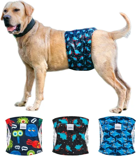 Vista 29 de CuteBone - Pañales lavables para perro macho, banda abdominal, paquete de 3 unidades, color negro, modelo DM54XS