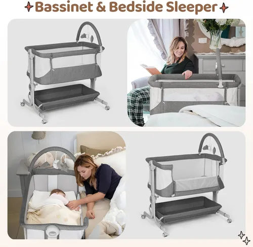 Vista 5 de Cowiewie Cuna para bebé 2-1 al lado de la cama con ruedas para bebé, moisés plegable de altura ajustable y portátil (gris)