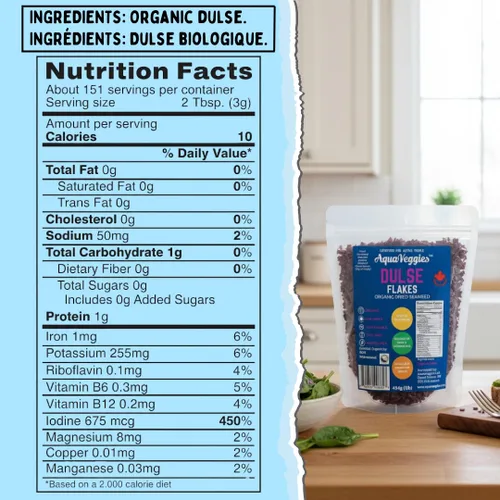 Vista 2 de Aqua Veggies Atlantic Dulse Flakes Organic Atlantic - Bocadillos de algas marinas con superalimentos de cosecha silvestre, secado al sol, ricos
