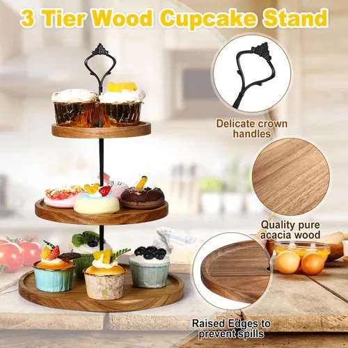 Vista 4 de Zopeal Juego de 3 soportes de madera para cupcakes de 3 niveles, bandeja de madera rústica para servir postres de granja, soporte para torre