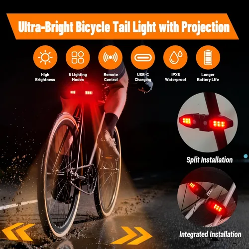 Vista 2 de Señales de giro para bicicleta con proyector, 5 modos de luz trasera de bicicleta recargable por USB, control remoto, impermeable, dividida, ebike