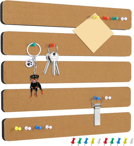 Vista 8 de Vuzvuv 8 tiras de barra de tablón de anuncios con 50 alfileres y 10 pines de clip de madera, tablero de corcho autoadhesivo para pared, tablero