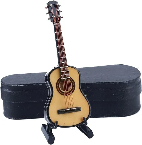 Vista 12 de Guitarra miniatura de madera con soporte y estuche, mini instrumento musical, réplica de guitarra clásica, figuras coleccionables