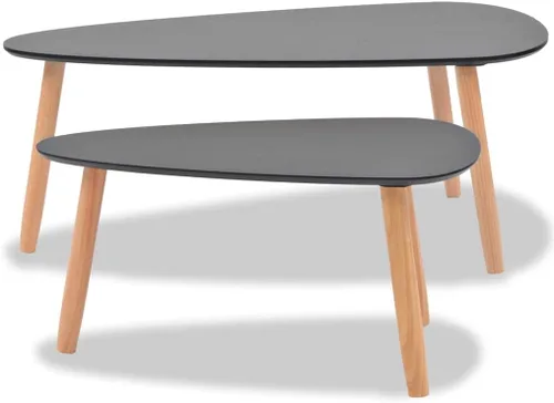 Vista 5 de Juego de mesa de centro de 2 piezas de madera de pino maciza, color negro, grandes mesas de comedor para sala de patio, mesa de centro para balcón