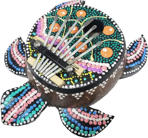 Vista 3 de Turtle Kalimba - Cuerpo de cáscara de coco amplifica el sonido, púas de acero, sonido resonante, increíbles notas musicales claras, tonos relajantes