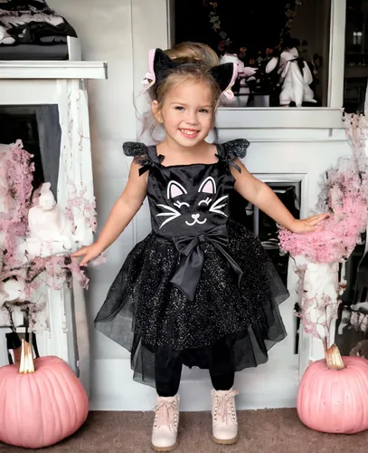 Vista 7 de ReliBeauty Disfraz de gato negro para niñas, disfraz de gatito, vestido de Halloween con accesorios