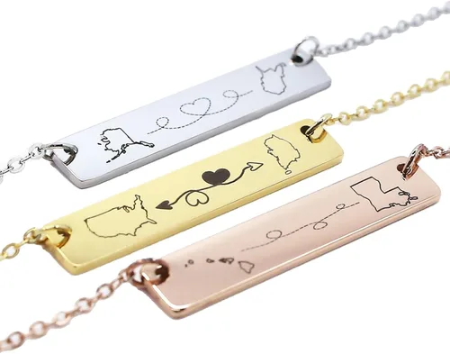 Personalized Long Distance Relationship Necklace Custom State-to-State or Country-to-Country Engraved Bar Pendant, Handmade Bridesmaid Gift Jewelry