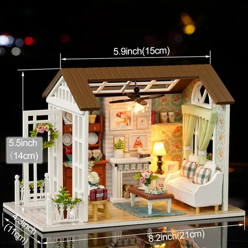 Vista 5 de Kit de casa de muñecas en miniatura para bricolaje, casa de muñecas realista en miniatura 3D de madera, habitación de muñeca con muebles, luces LED