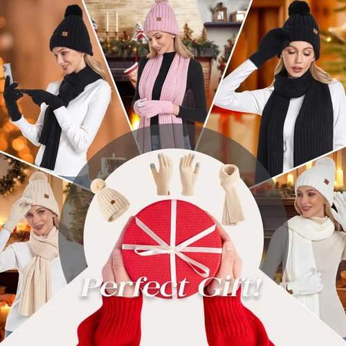 Vista 6 de Coolprince Gorro de invierno para mujer, bufanda larga, guantes para pantalla táctil, con forro polar, gorro de punto cálido con pompón