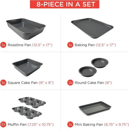 Vista 4 de Elbee Home - Juego de 8 piezas de acero aluminizado antiadherente, ahorro de espacio, con bandeja para asar profundamente, bandeja para galletas