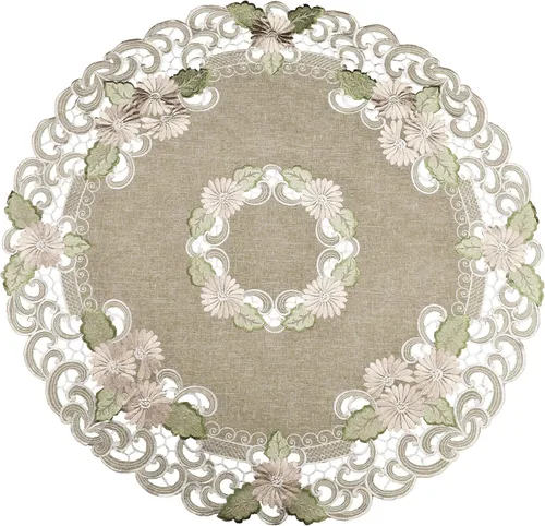 Linens, Art and Things Embroidered Table Topper Gold Daisy Fleur Latte Small Tablecloth Doily (33 Inch Round)