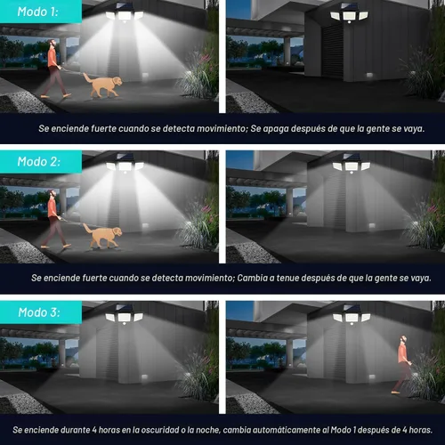 Vista 6 de Tuffenough - Luces solares para exteriores, 2500 lm, 210 luces LED de seguridad con control remoto, 3 cabezales de luces con sensor de movimiento