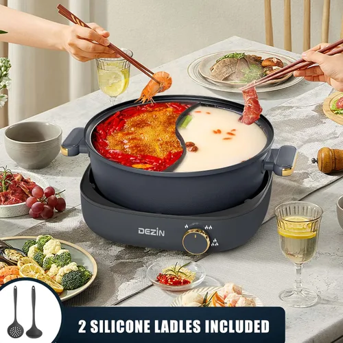 Vista 4 de Dezin Olla Caliente Eléctrica con Divisor, Shabu Shabu Eléctrico de 4L con Olla de Doble Sabor, 3.7" de Profundidad Antiadherente de Doble Lado