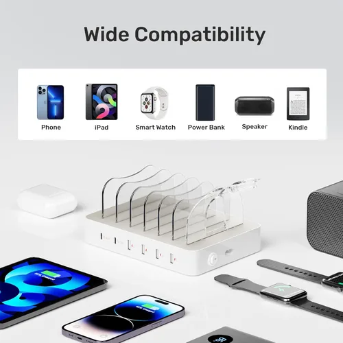 Vista 3 de Unitek Estación de carga USB múltiple – Base de carga USB C de 6 puertos con 2 PD de 20 W, organizador de estación de carga de múltiples