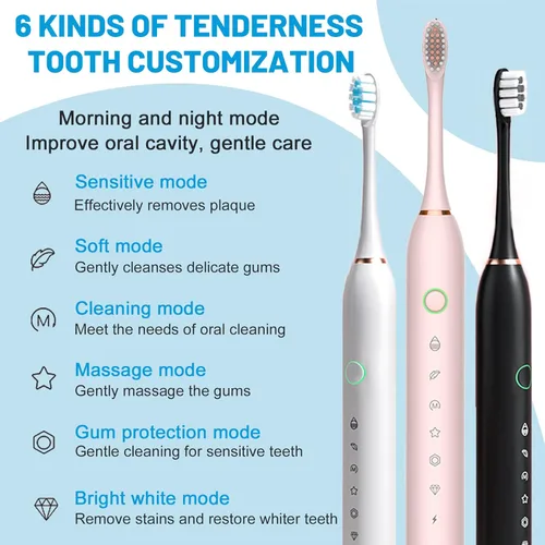 Vista 4 de Paquete de 3 cepillos de dientes eléctricos para adultos, con 12 cabezales de cepillo, 6 modos 42000vpm, cepillo de dientes eléctrico sónico