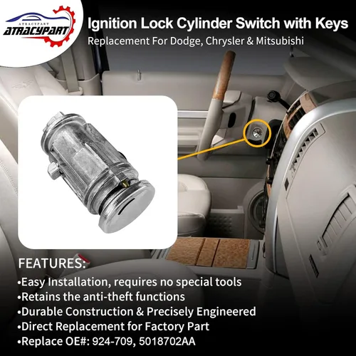Vista 3 de Interruptor de cilindro de bloqueo de encendido con llaves Reemplazo para Dodge Ram 1500/2500/3500, Durango, Dakota, Chrysler Aspen y Mitsubishi