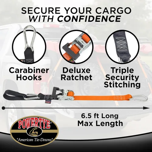 Vista 3 de PowerTye - Correas de trinquete resistentes de 1.5 pulgadas x 6.5 pies con Soft-Tye y mosquetones, límite de carga de trabajo de 1,000 lb