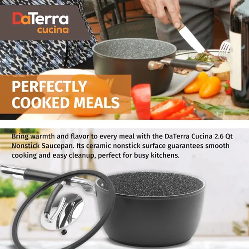 Vista 8 de DaTerra Cucina - Cacerola de cerámica antiadherente de 2.6 cuartos de galón con tapa – Olla de cocción compatible con inducción, sartén de cerámica