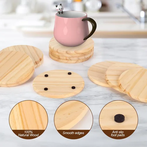 Vista 3 de Posavasos de madera sin terminar para manualidades, paquete de 12 posavasos redondos de madera en blanco de 4 pulgadas con almohadilla
