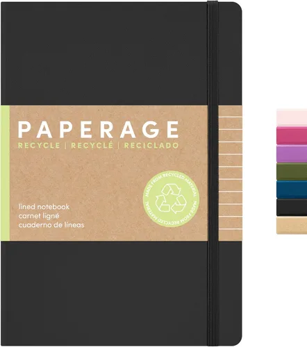 PAPERAGE - Libreta de rayas con líneas recicladas, (color negro), 160 páginas, tamaño mediano de 5.6 x 8 pulgadas - papel grueso de 100 g/m² con