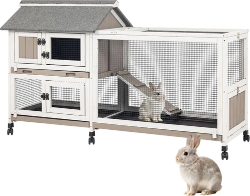 Vista 8 de Gowoodhut Jaula para conejos interior - Jaula de madera para conejos de 91 cm con ruedas, jaula para conejos, jaula para conejillos de indias