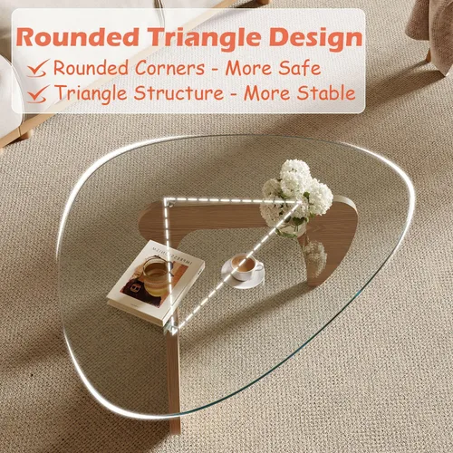 Vista 6 de Mesa auxiliar moderna para sala de estar y espacios pequeños, 35.6 x 25.4 x 15.8 pulgadas, mesa triangular de vidrio templado y base de madera