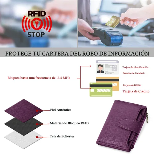 Vista 7 de Airkit Cartera para mujer, pequeña cartera de cuero para mujer, plegable, compacta, con bloqueo RFID, tarjetero de crédito, mini bolso de viaje