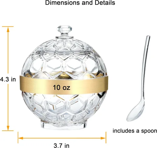 Vista 2 de Azucarero acrílico transparente con tapa y cuchara, contenedor de azúcar de 10 onzas para accesorios de cafetería, tarro de azúcar (chapado en oro)