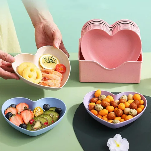 Vista 6 de Juego de 10 platos llanos en forma de corazón, platos de 6 pulgadas, bandeja de frutas, cuencos de aperitivos sin BPA (rosa)