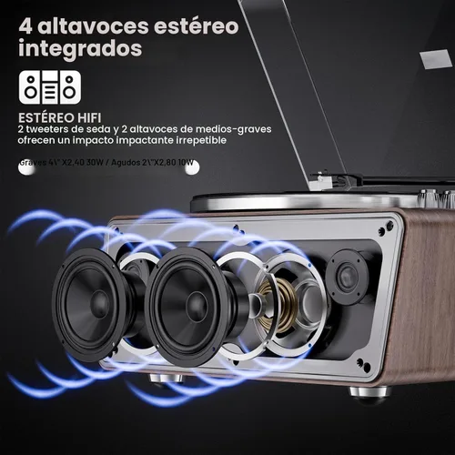 Vista 6 de Tocadiscos de vinilo todo en uno, tocadiscos Bluetooth integrado con 4 altavoces estéreo, preamplificador de teléfono, tocadiscos de alta fidelidad