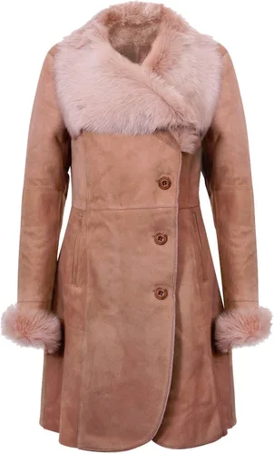 Infnity Leather Abrigo de piel de oveja de merino de ante beige cálido con cuello Toscana