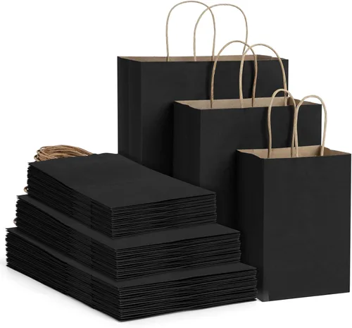 Poever Bolsas de papel kraft negras con asas de 5 x 3 x 8 y 8 x 4 x 10 y 10 x 5 x 13 pulgadas, 30 unidades, bolsas de regalo, bolsas de compras,