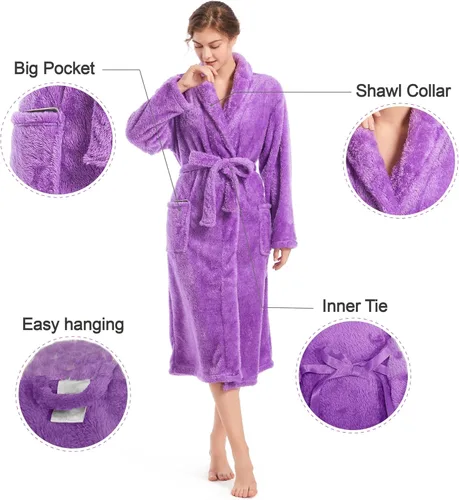 Vista 5 de Inner Wish Womens Plush Fleece Robe, Cozy Warm Bathrobe Fuzzy Female Spa Robe With Pockets