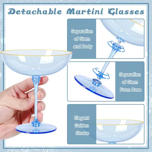 Vista 2 de Copas de Martini Desmontables de 9 oz de Plástico Azul Champán Copas Coupe con Borde Dorado Sopladas a Mano Juego de Cristalería Vintage de Cóctel