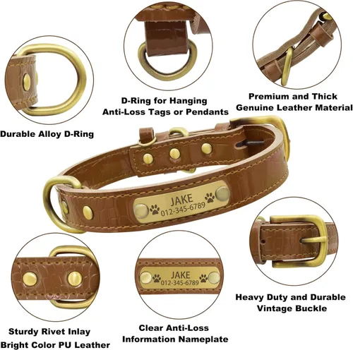 Vista 2 de Collar de cuero genuino personalizado para perros con placa de nombre grabada - Collar para perros duradero y elegante, personalizado para perros