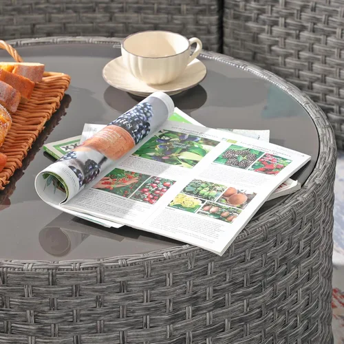 Vista 7 de SUNSITT Mesa de centro redonda para exteriores con tapa de vidrio templado, mesa auxiliar de mimbre de mimbre de resina de ratán PE, gris