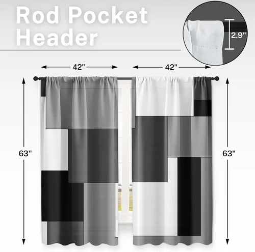 Vista 2 de Cortinas de Cocina Negro Gris de 63 Pulgadas de Largo Juego de Cortinas de Ventana Geométricas de 2, Cortina Gris Blanca para Dormitorio Sala