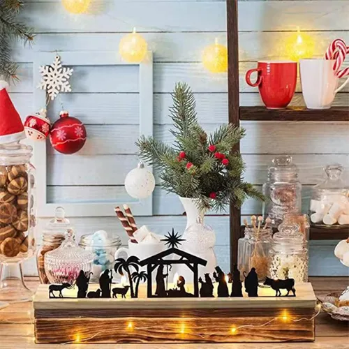 Vista 6 de Belén de Navidad para interiores, juego de pesebre de metal negro con base de madera, decoración rústica moderna para Navidad, hogar, habitación