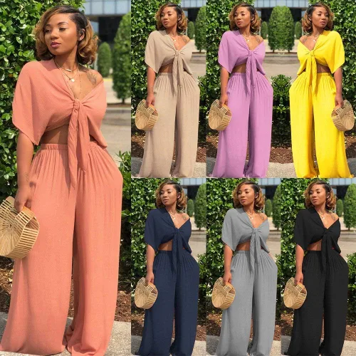 Vista 4 de Aro Lora - Conjunto de 2 piezas para mujer, con parte superior drapeada sin mangas y pantalón con piernas anchas