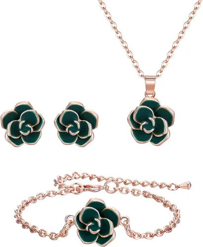 EleQueen Rose Flower Necklace Earrings Bracelet Set 14K Green Rose Gold Plated Hypoallergenic Jewelry Sets Gift for Women