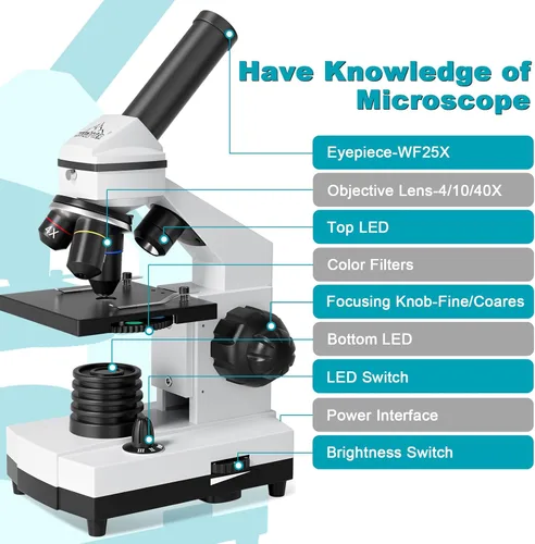 Vista 6 de Microscopio para adultos, niños, estudiantes, 100-2000x, potentes microscopios educativos biológicos con accesorios de operación (10 p), juego