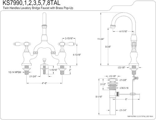 Vista 8 de Kingston Brass KS7993TAL Tudor Bridge grifo de baño emergente, latón antiguo