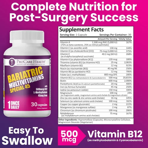 Vista 5 de ProCare Health Multivitamínico bariátrico con hierro (30 cápsulas) 45 mg de hierro con vitamina B12 reducida, vitaminas bariátricas postoperatorias