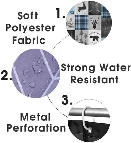 Vista 26 de Camille&Andrew - Juego de 4 cortinas de ducha de tela de ciervo rústico negro, alce, alce, pino, luna, casa de campo, panel rústico, tablero