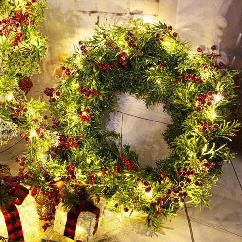 Vista 5 de Guirnalda de luces artificiales de Navidad de 5.9 pies con 162 bayas rojas nevadas, 55 hojas verdes, 20 luces LED, funciona