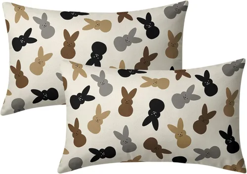 Vista 9 de Juego de 2 fundas de almohada de primavera de 16 x 16 pulgadas, color marrón, café, gris, conejo, conejo, vacaciones, decoración de Pascua, fundas