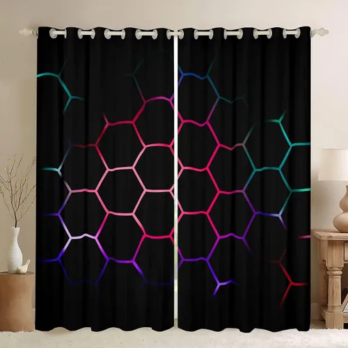 Vista 27 de Cortinas de ventana con diseño de panal para niños, hombres y niñas, diseño geométrico moderno con temática hexagonal, para dormitorio, sala