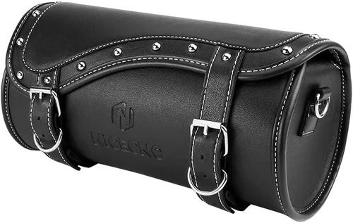 Vista 12 de NICECNC Bolsa de Horquilla para Motocicleta Bolsa de Manillar, Estilo Vintage de Cuero PU con Remaches de Estrella Estilo Rock Líneas Clásicas
