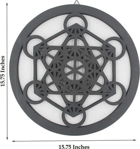 Vista 2 de DharmaObjects Cubo de metatrón grande con geometría sagrada hecha a mano para decoración de pared de madera, arte colgante (negro, 15.75 pulgadas)
